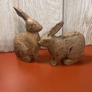 Set of two rustic primitive bunny rabbits easter decor resin 5"